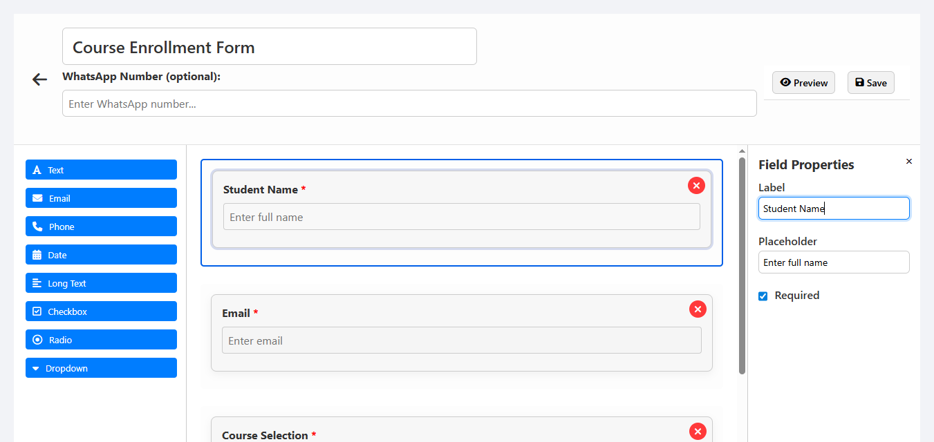 Screenshot of creating a form in Form2Chat's builder