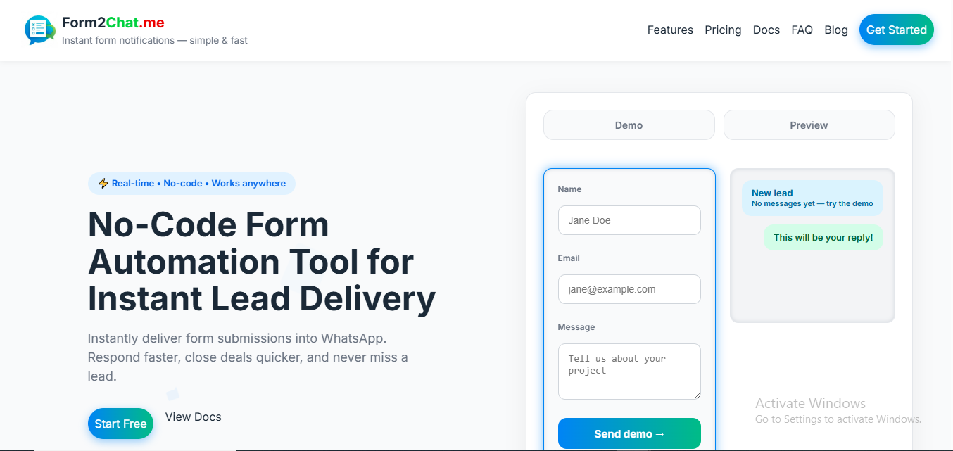Illustration of automatically sending website form submissions to WhatsApp with Form2Chat
